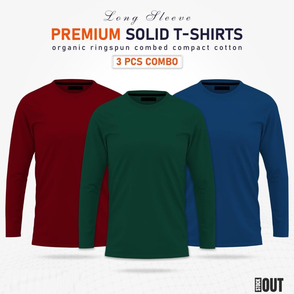 3 pcs Full Sleeve Solid T-Shirt Combo